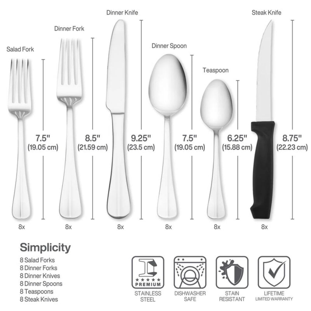 Pfaltzgraff Everyday Simplicity 53-Piece Stainless Steel Flatware Set with Steak Knives & Hostess Set, Service for 8