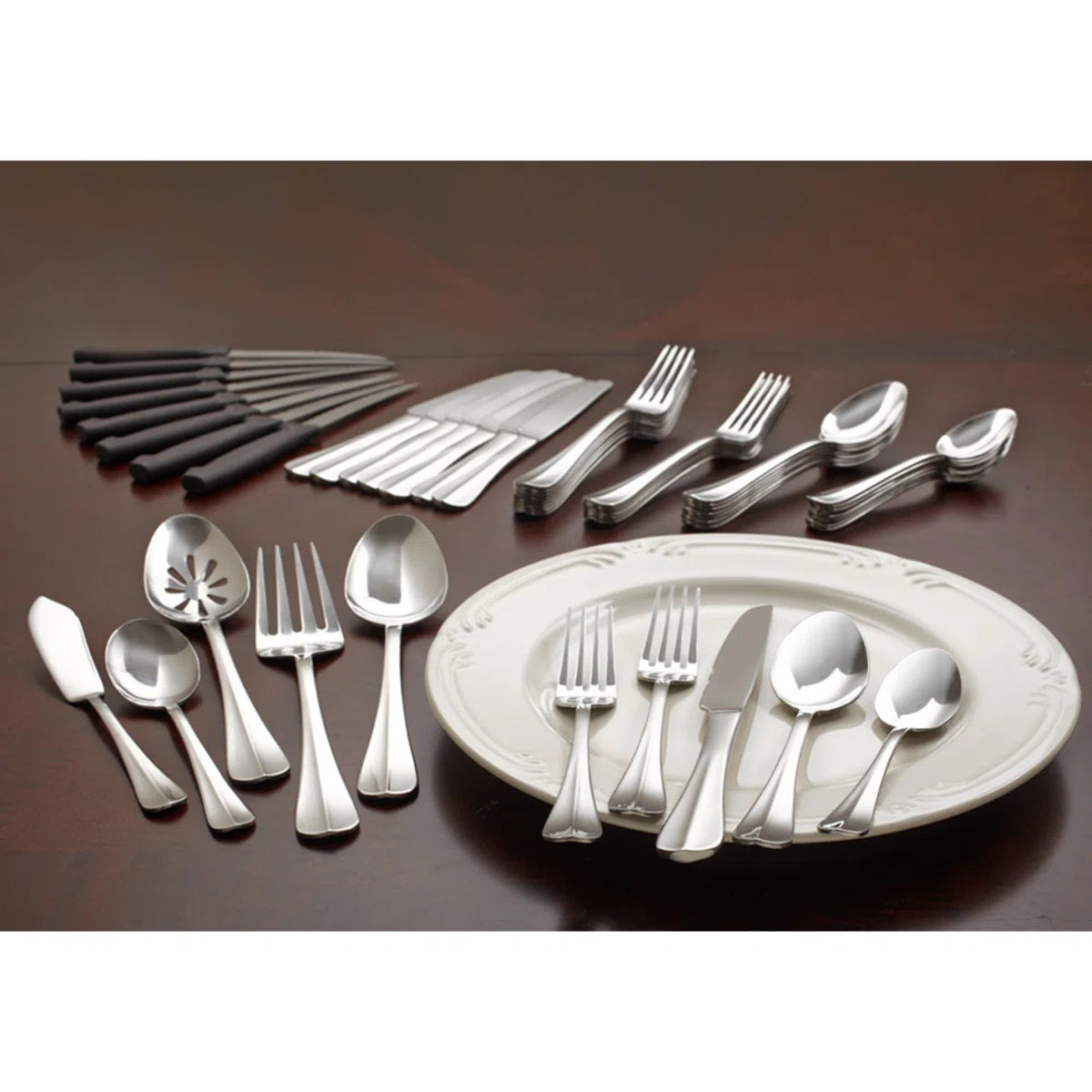 Pfaltzgraff Everyday Simplicity 53-Piece Stainless Steel Flatware Set with Steak Knives & Hostess Set, Service for 8